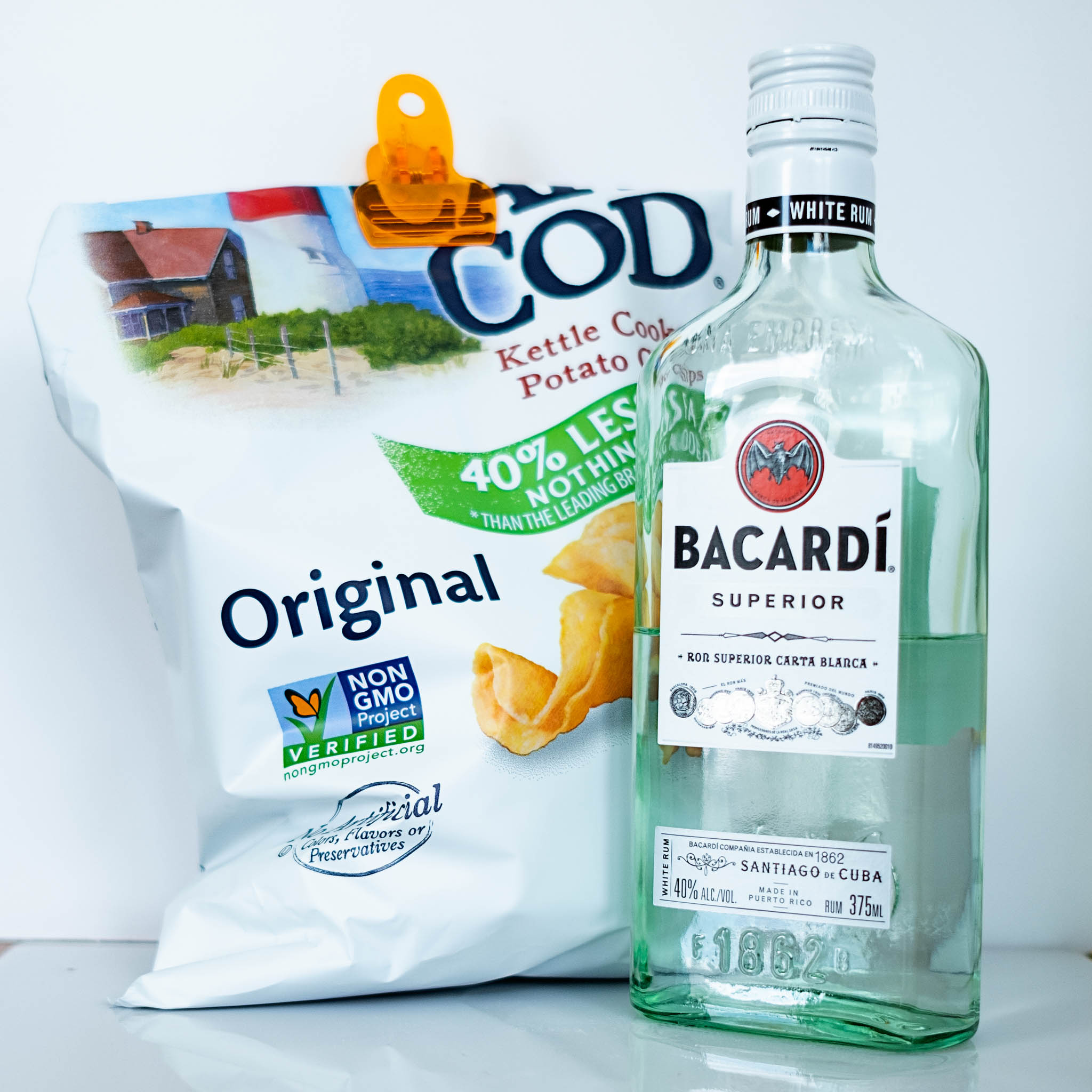 Meal of Cape Cod potato chips and Bacardi Rum photographed by Kathleen Kent