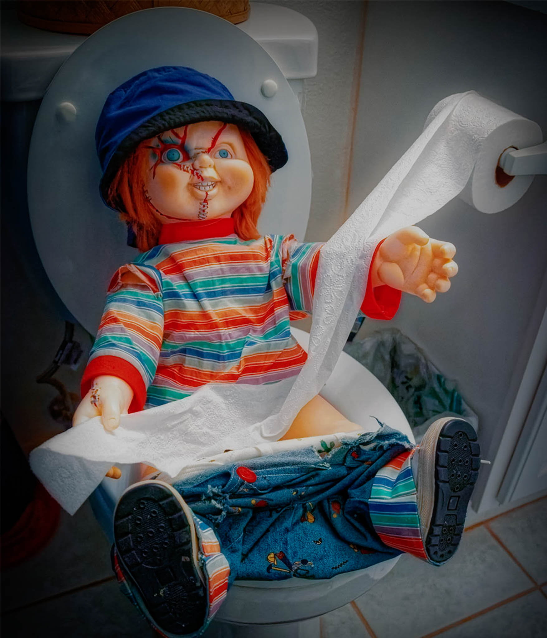 Chucky on the toilet, Andrea Savage photographer, Photography Scavenger Hunt