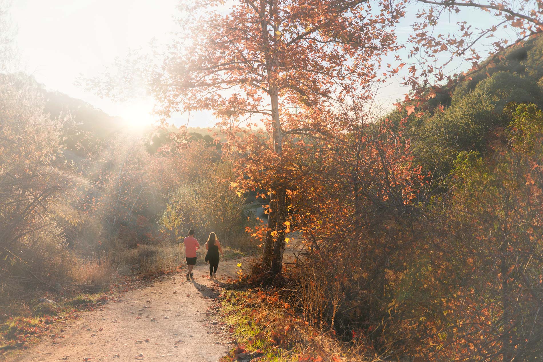 2 people walking on a trail under a warming sun