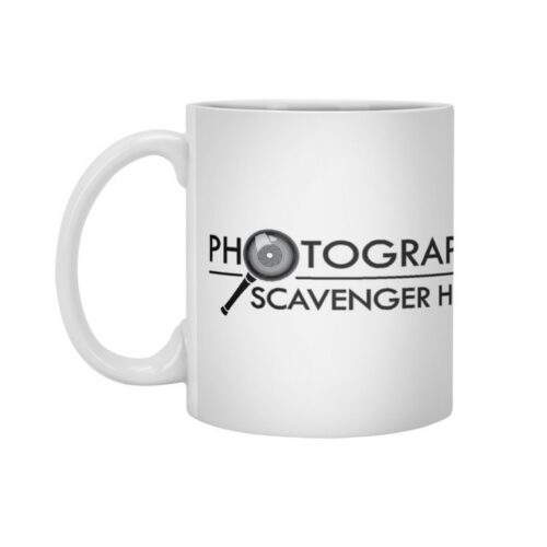 white ceramic coffee mug with Photography Scavenger Hunt logo