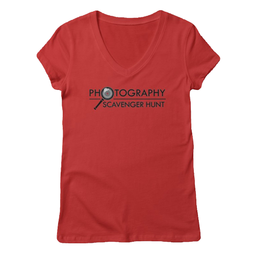 red v neck t shirt with Photography Scavenger Hunt logo