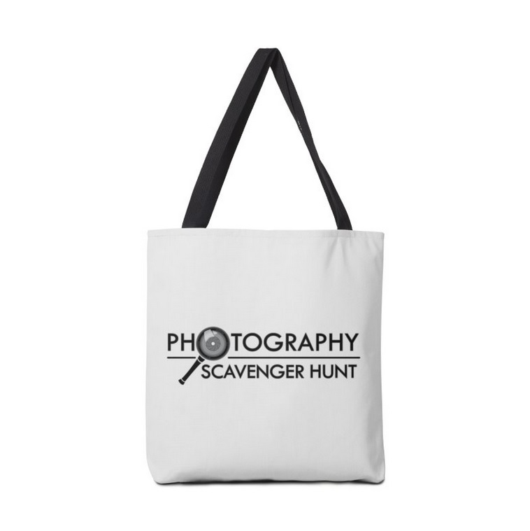 White polyester tote bag with Scavenger Hunt Logo
