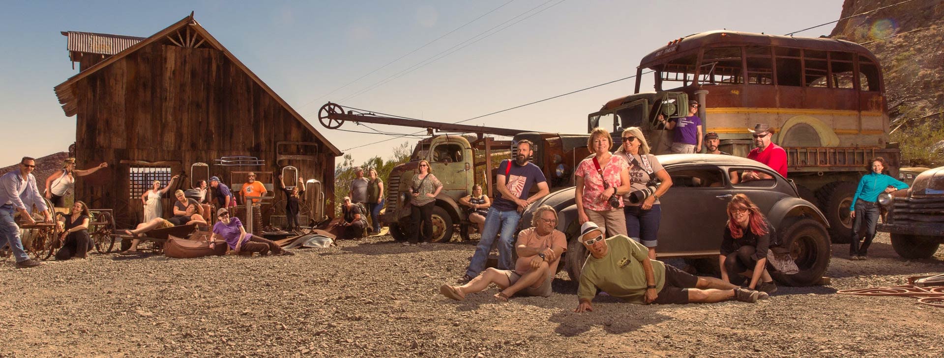 Group of Photographers arrayed across a desert mining town in Nelson NV