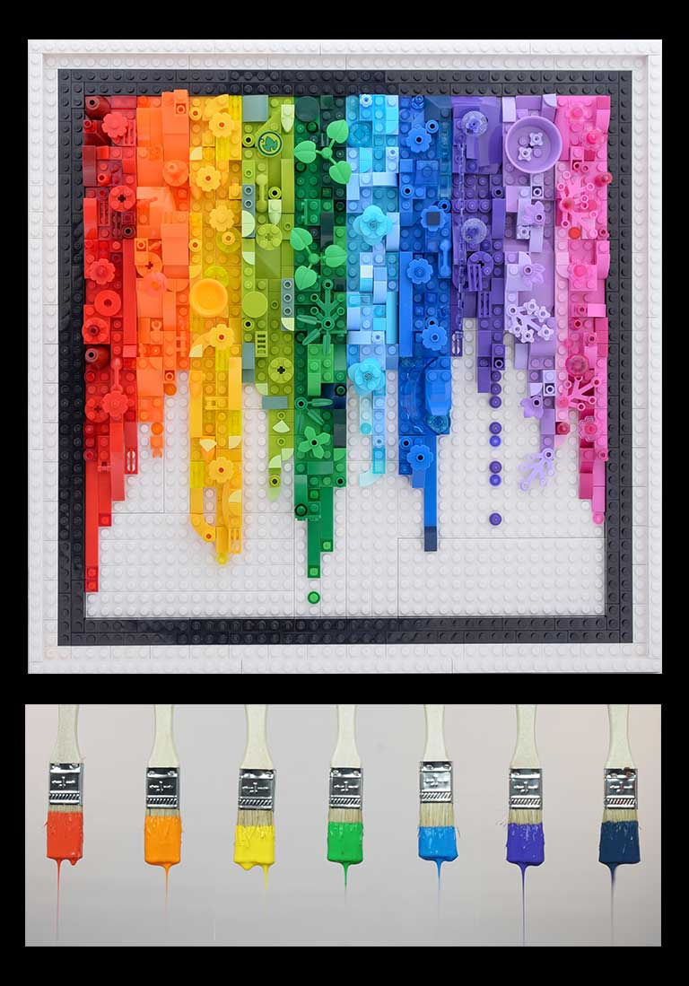 Two images, top is a cascade of Legos is rainbow colors, surrounded by a black and white Lego border. The bottom image is of 7 paintbrushes each dripping color of a different color of the rainbow.