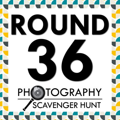 Round 36 Photography Scavenger hunt with teal, grey and yellow patterned border