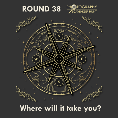 Round 38 Photography Scavenger Hunt. Where will it take you? With Gold toned compass.